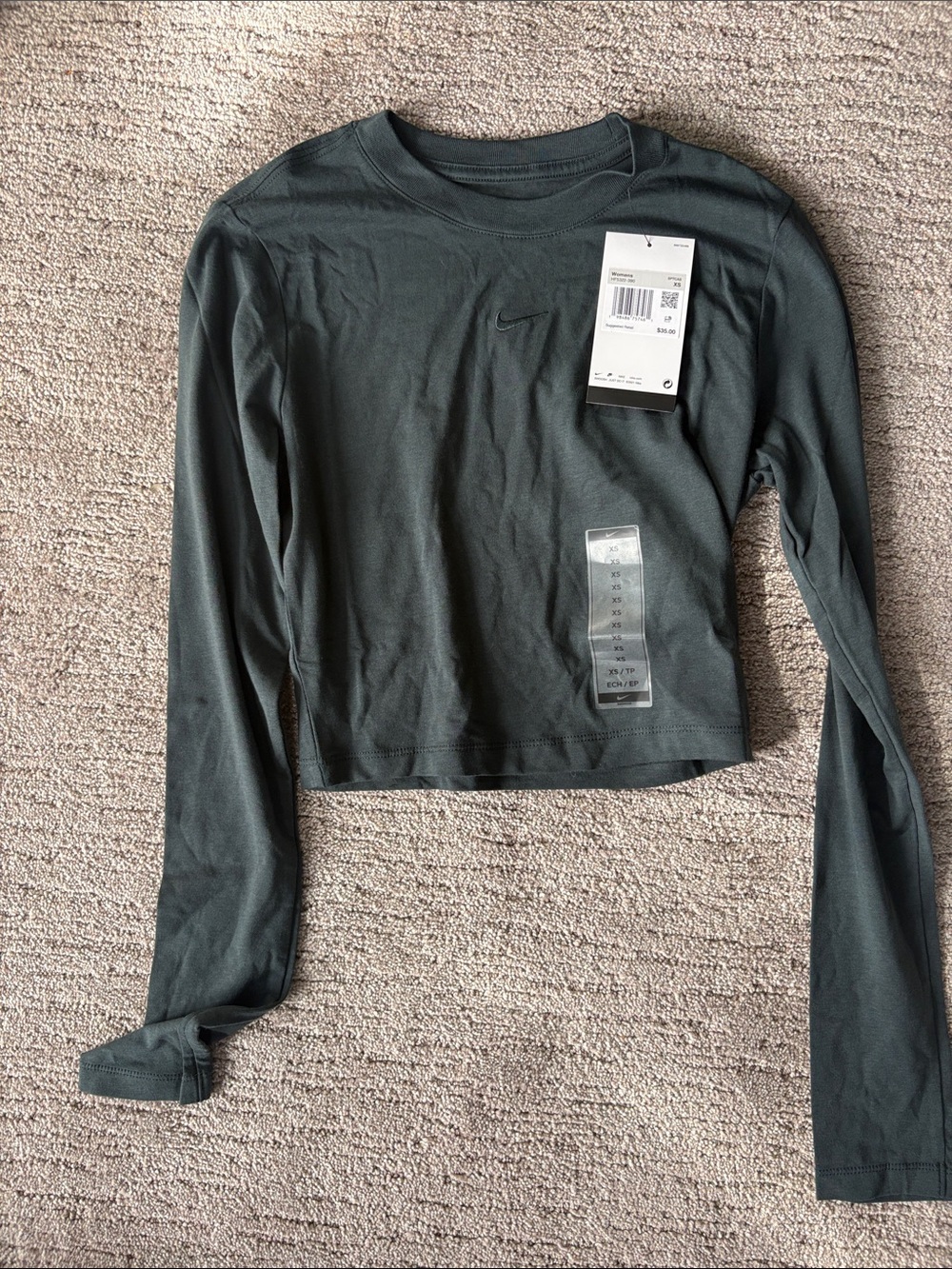 Nike Women's Long Sleeve Cropped Tee - Dark Green NWT XS